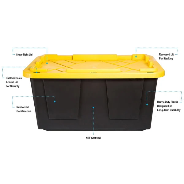 Heavy-duty 27-gallon tote with snap-tight lid, recessed stacking lid, and reinforced construction