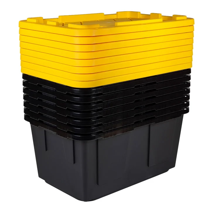 Heavy-duty black and yellow 27-gallon totes stacked and ready to go